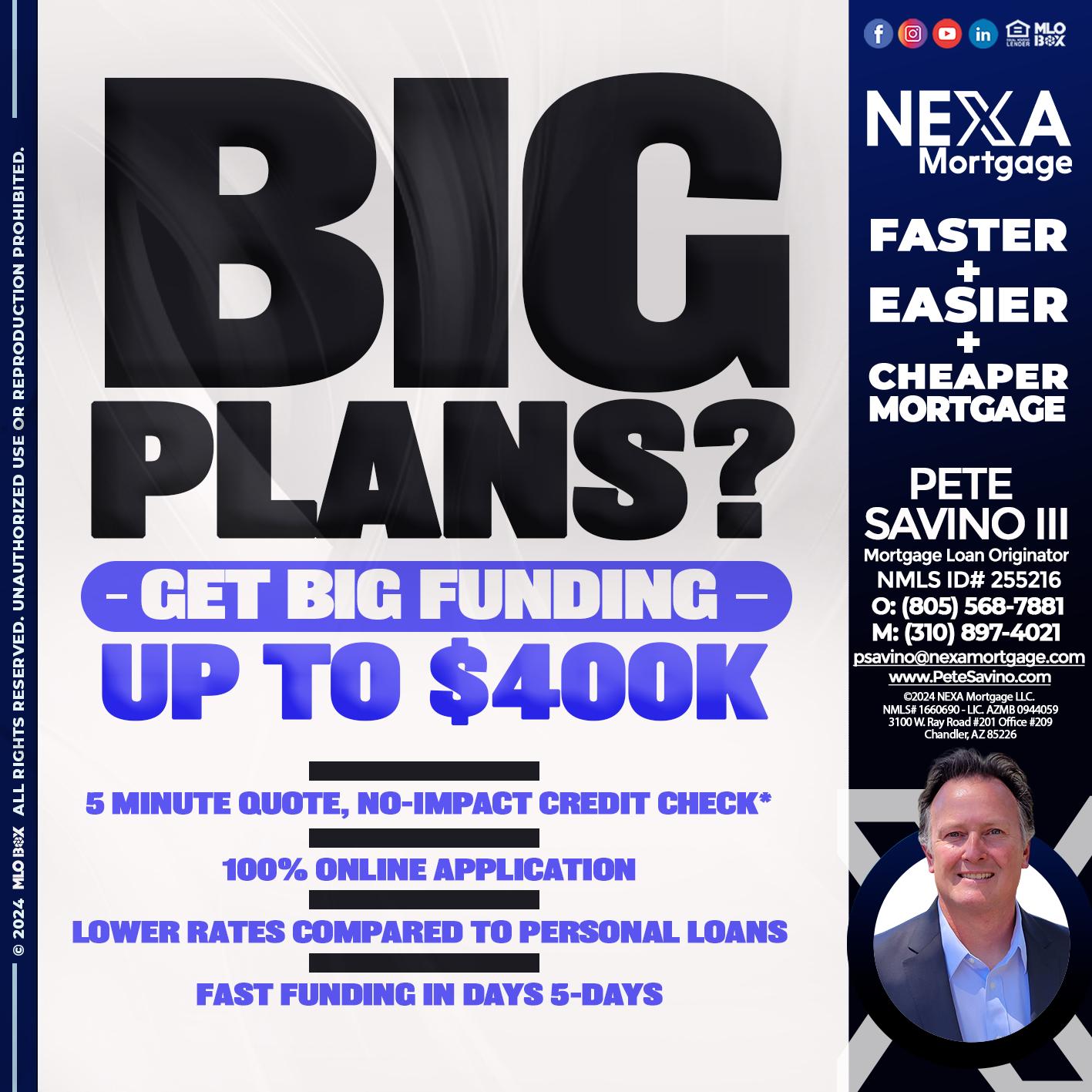 BIG PLANS - Pete Savino III -Mortgage Loan Originator