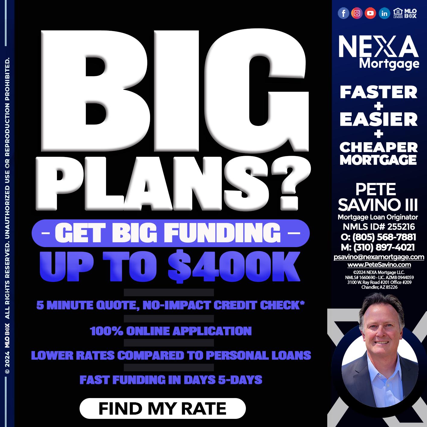 BIG PLANS - Pete Savino III -Mortgage Loan Originator