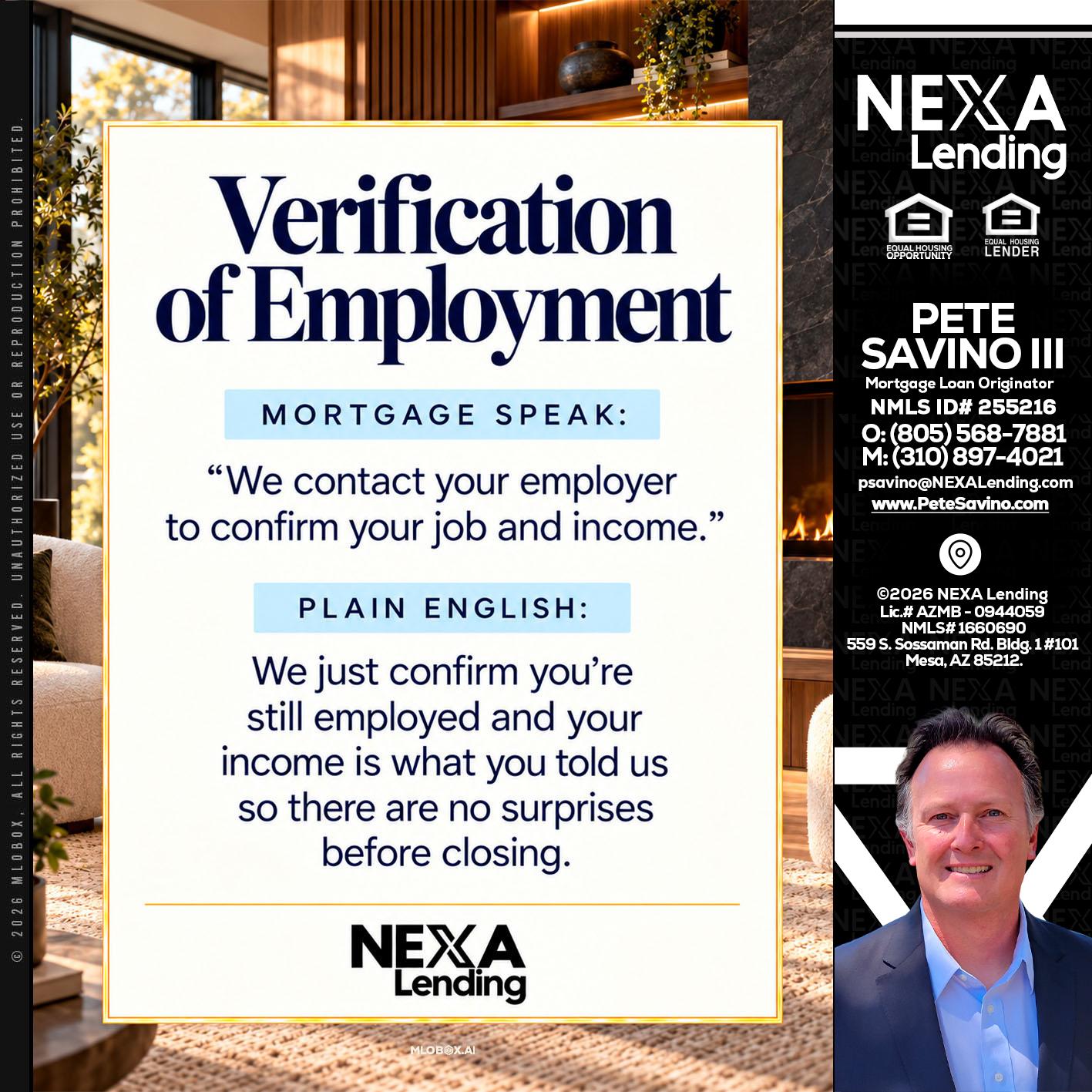 VERIFICATION OF EMPLOYMENT - Pete Savino III -Mortgage Loan Originator